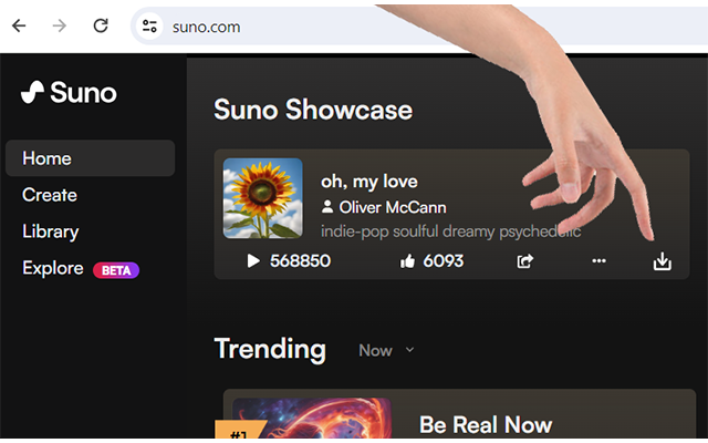 An image showing where to create and download finished music project on suno ai