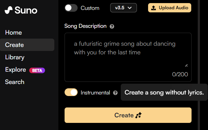 An image showing where to create a song on suno ai