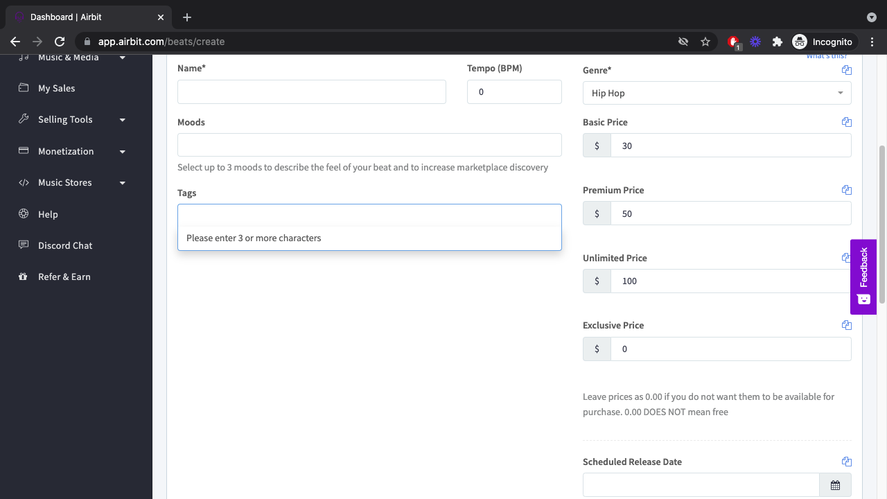 An image showing where to set beat license prices on airbit