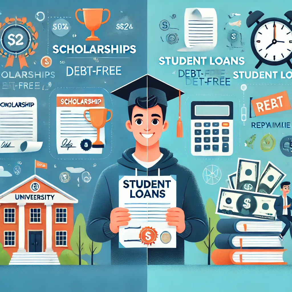 Infographic: Scholarships vs. Student Loans – A visual comparison showing the emotional and financial contrasts between the two funding paths.