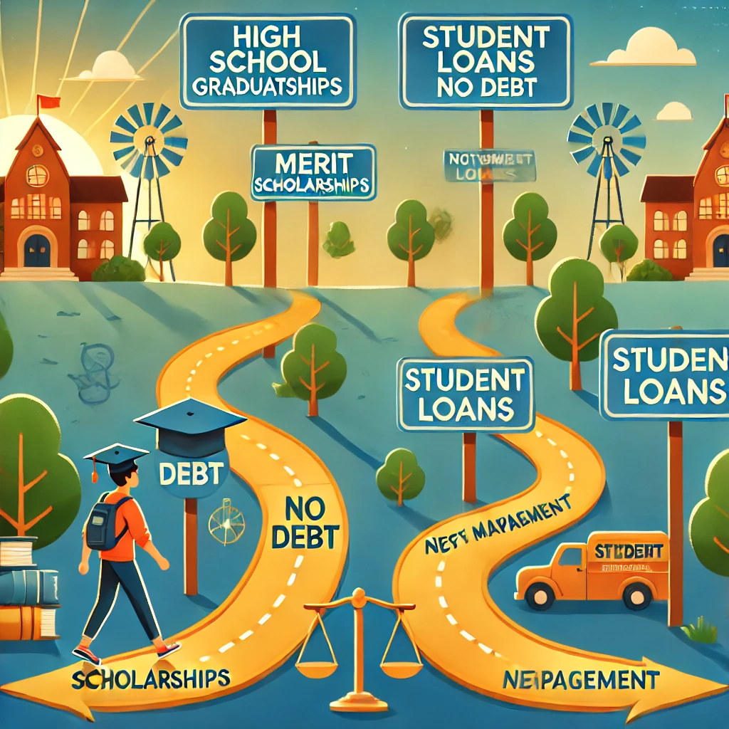 Roadmap Illustration – A journey-style illustration highlighting the diverging paths of scholarships and student loans, with milestone markers along each route.